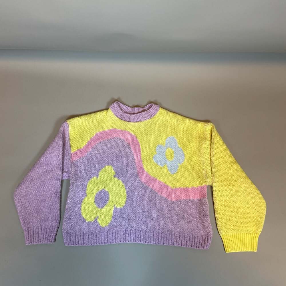 Zara Women’s Small Colorblock Floral Knit Sweater Yellow Purple Pink